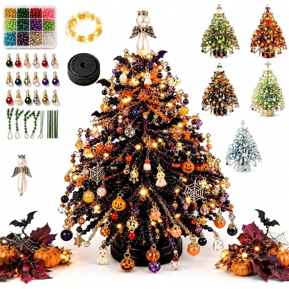 DIY Beaded Christmas Tree Kit 3D Crystal Bead Pearl Holiday Craft, Christmas Autumn Winter & Halloween Themes Handmade Kits, Warm Glow Tabletop Decor Set, Creative Sparkling Xmas Decoration