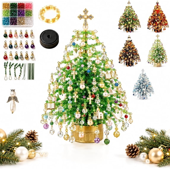 DIY Beaded Christmas Tree Kit 3D Crystal Bead Pearl Holiday Craft, Christmas Autumn Winter & Halloween Themes Handmade Kits, Warm Glow Tabletop Decor Set, Creative Sparkling Xmas Decoration