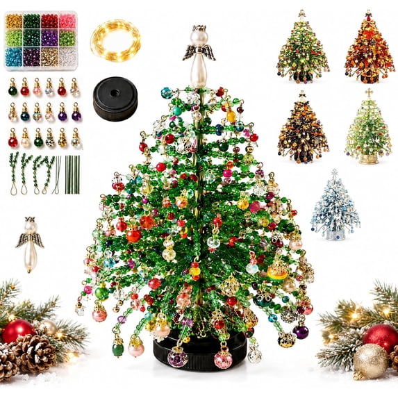 DIY Beaded Christmas Tree Kit 3D Crystal Bead Pearl Holiday Craft, Christmas Autumn Winter & Halloween Themes Handmade Kits, Warm Glow Tabletop Decor Set, Creative Sparkling Xmas Decoration