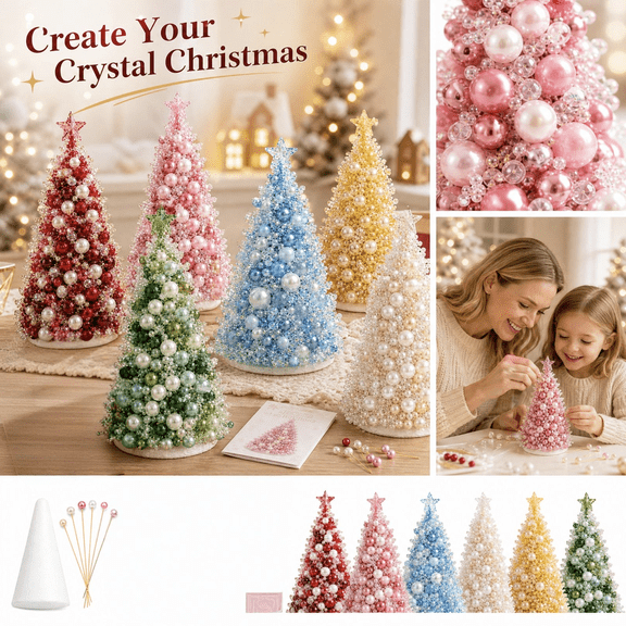DIY Beaded Christmas Tree Kit 7.09in, Crystal Christmas Tree for Holiday Tabletop Decor, Plastic Craft Set for Kids & Adults (9 Styles, Sold Individually)