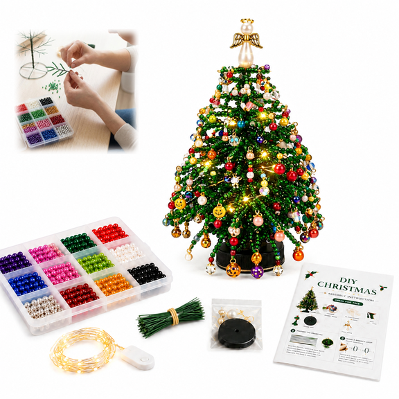 DIY Beaded Christmas Tree Kit for Adults, 3D Crystal Bead Christmas Craft Set with Colorful Beads, Charms, Metal Frame & Angel Topper, Handmade Tabletop Holiday Decor Gift