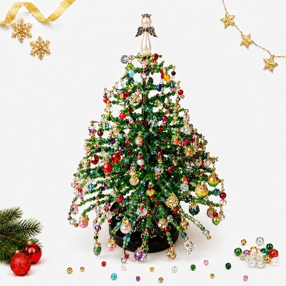 DIY Beaded Christmas Tree Kit Classic - 9.8in Mini Crystal-Style Tabletop Tree with Light String, Colorful Beads & Angel Topper for Holiday Home Decor