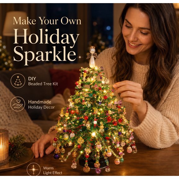 DIY Beaded Christmas Tree Kit, Create Your Own Sparkling Light Up Tabletop Mini Tree, Beginner Friendly Handmade Craft Kit for Desk Shelf Holiday Home Decor & Gift