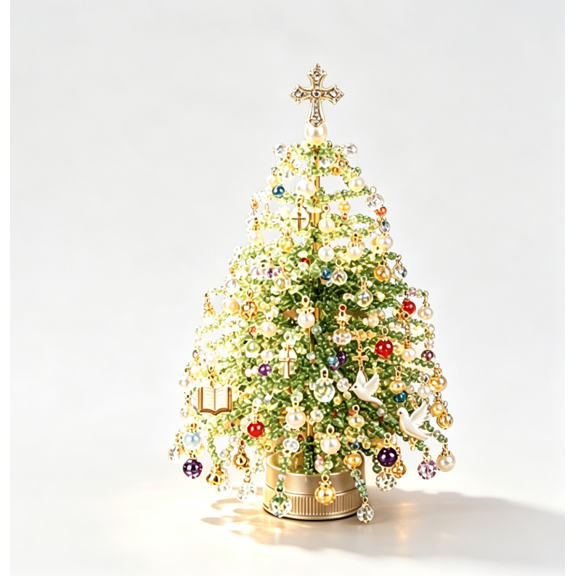 DIY Beaded Christmas Tree Kit, Create Your Own Sparkling Lighted Mini Tabletop Ornament, Relaxing Beading Craft Set For Family Christmas Activity & Creative Holiday Gift (Christian)