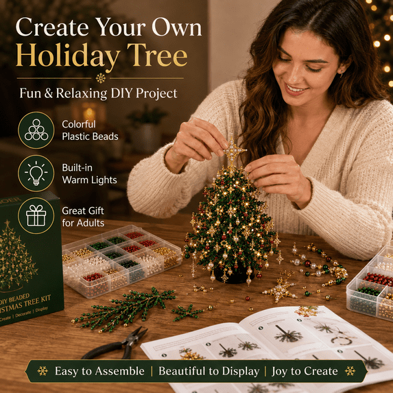 DIY Beaded Christmas Tree Kit with Crystal Beads and Angel Topper, Create Your Own Sparkling Holiday Decoration, Beading Craft Set with Seasonal Art Kit & Vintage Four Seasons Tree Decors