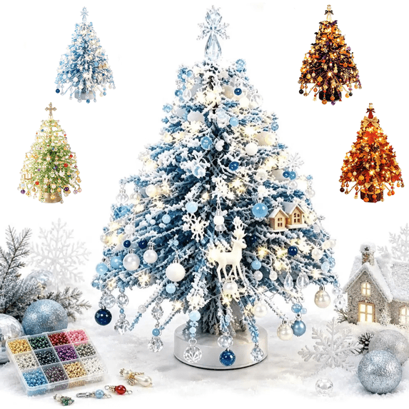 DIY Beaded Christmas Tree Kit, Crystal Holiday Craft Set for Adults, Colorful Beads, Ornament Charms, Metal Frame, Warm Glow Display, Tabletop Decor, Christmas Gift,Style D