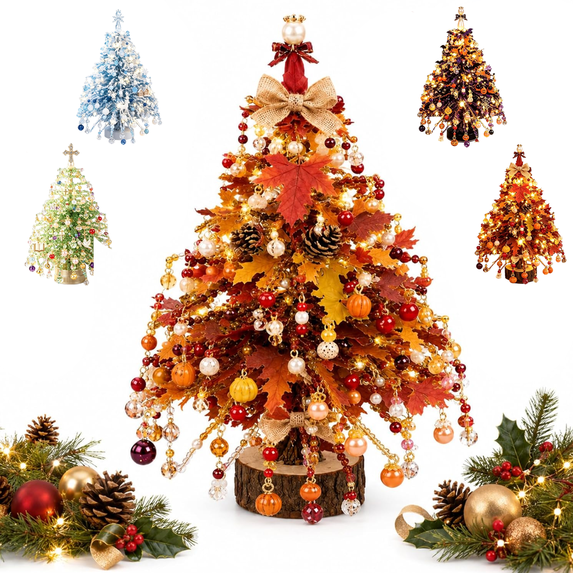 DIY Beaded Christmas Tree Kit, Crystal Holiday Craft Set Christmas Colorful Beads, Ornament Charms, Metal Frame Topper, Warm Glow Display, Tabletop Decor, Relaxing Project, Holiday Gift,Style C