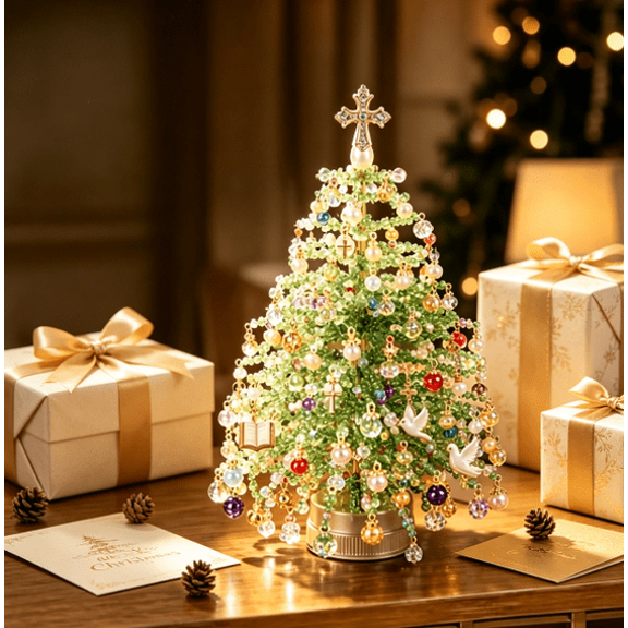 DIY Beaded Christmas Tree Kit – Handmade Holiday Beading Craft Set for Indoor Home Display & Creative Gift, Handmade Mini Bead Tree (Christian)