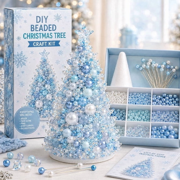 DIY Beaded Christmas Tree Kit - Handmade Holiday Craft Set With Pearls And Crystals(Blue)