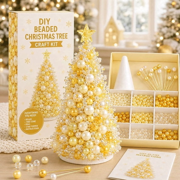 DIY Beaded Christmas Tree Kit - Handmade Holiday Craft Set With Pearls And Crystals(Yellow)