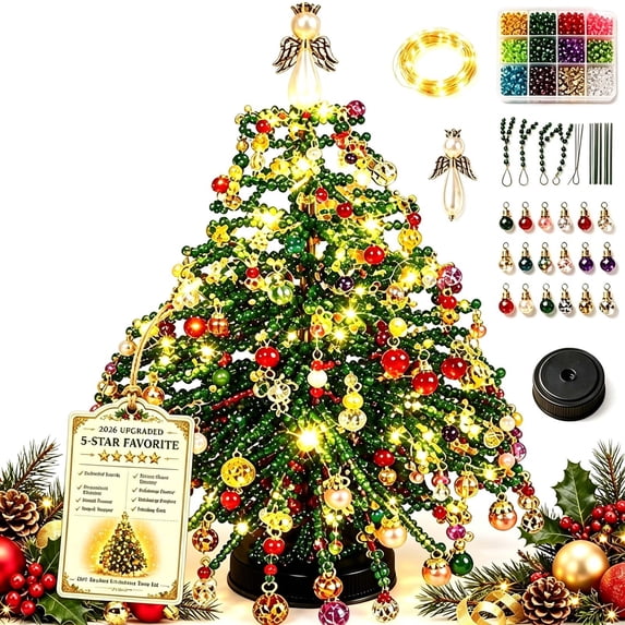 DIY Beaded Christmas Tree Kit Handmade Holiday Ornament Set for Tabletop Home Office Party Decor Festive Craft Activity Gift for Adults Teens Christmas Decor Lovers, Christmas Wreath, Green