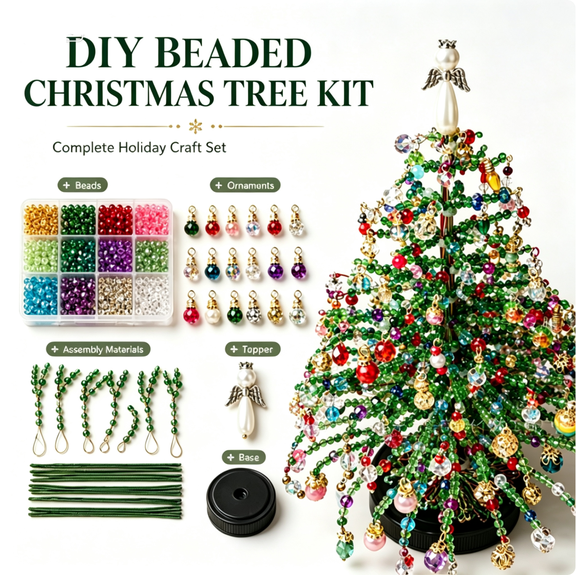 DIY Beaded Christmas Tree Kit, Jingle Beads Christmas Tree, Jingle Beads Tree, Handmade Mini Tabletop Christmas Decor with Topper, Complete Holiday Craft Set for Xmas Home Decoration & Gift