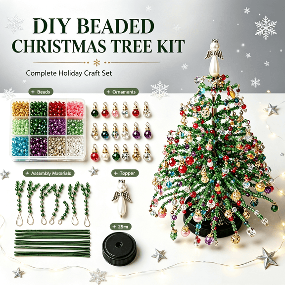 DIY Beaded Christmas Tree Kit, Complete Handmade Crystal Bead Craft Kit, Holiday Tabletop Decoration for Adults, Festive Christmas Tree Decor Gift