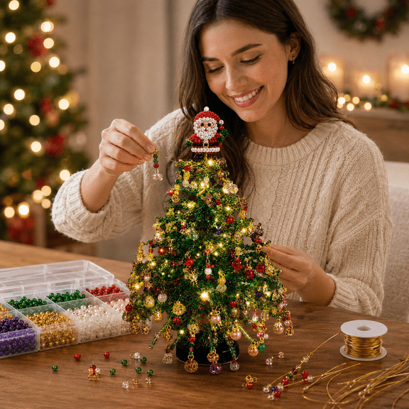 DIY Beaded Christmas Tree Kit, Handmade Mini Tabletop Xmas Tree with Built-in Warm Lights, 3 Interchangeable Toppers Craft Set for Holiday Decor Santa