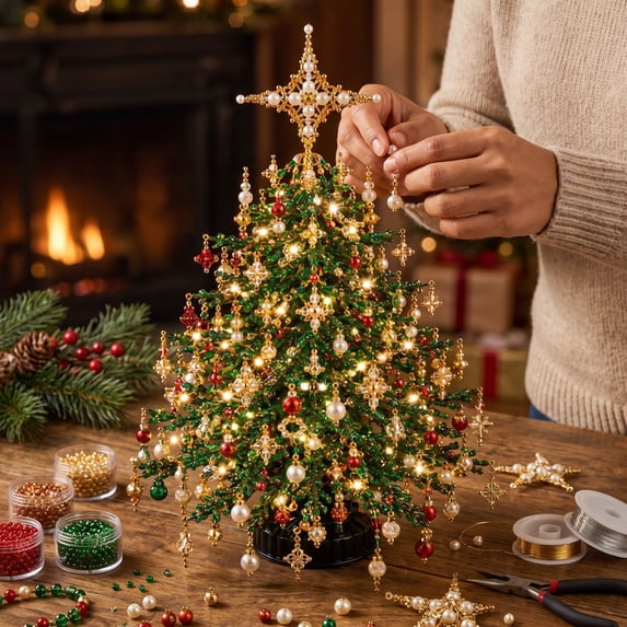 DIY Beaded Christmas Tree Kit Handmade Mini Tabletop Xmas Tree with Lights 3 Topper Styles Holiday Gift