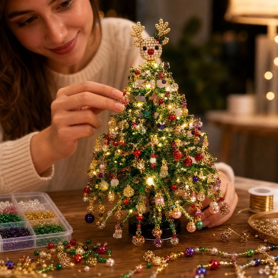 DIY Beaded Christmas Tree Kit, LED Light-Up Mini Christmas Decor with Reindeer Topper, Crafts for Adults, Tabletop Display & Creative Gift