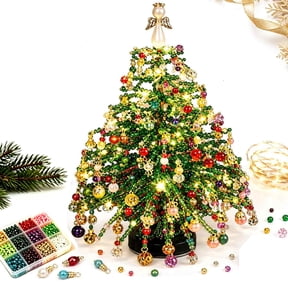 DIY Beaded Christmas Tree Kit with LED Lights, Beaded Christmas Tree Craft Kit with Colorful Beads & Ornament Charms, Christmas Beading Kits for Adults, Christmas Ornament Kit, Tabletop Holiday Decor