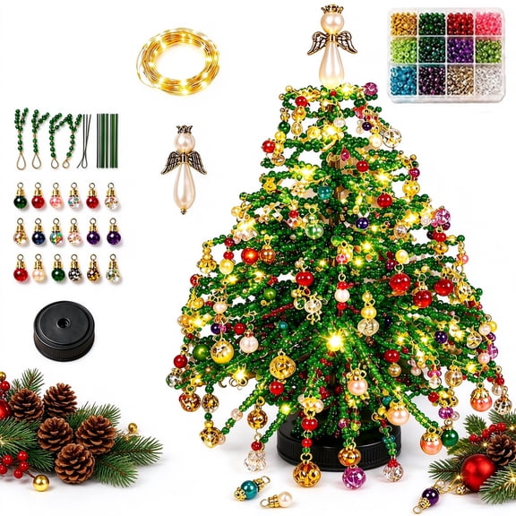 DIY Beaded Christmas Tree Kit with LED Lights, Beaded Christmas Tree Craft Kit with Colorful Beads & Ornament Charms, Christmas Beading Kits for Adults, Christmas Ornament Kit, Tabletop Holiday Decor