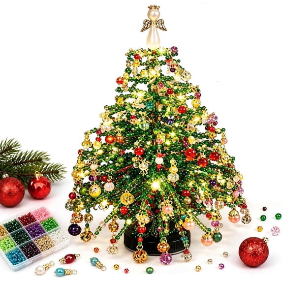 DIY Beaded Christmas Tree Kit with Lights, Beginner Friendly Mini Bead Xmas Tree Craft Set Create Your Own Sparkling Holiday Decoration,Christmas