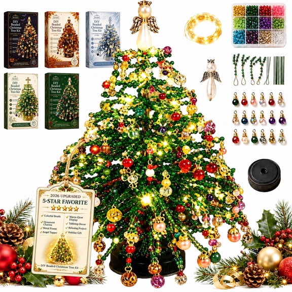 DIY Beaded Christmas Tree Kit with Lights, Crystal Bead Christmas Tree Making Kit, Handmade Mini 3D Xmas Tree Craft, Sparkling Tabletop Holiday Decoration