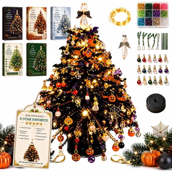 DIY Beaded Christmas Tree Kit with Lights, Crystal Bead Christmas Tree Making Kit, Handmade Mini 3D Xmas Tree Craft, Sparkling Tabletop Holiday Decoration