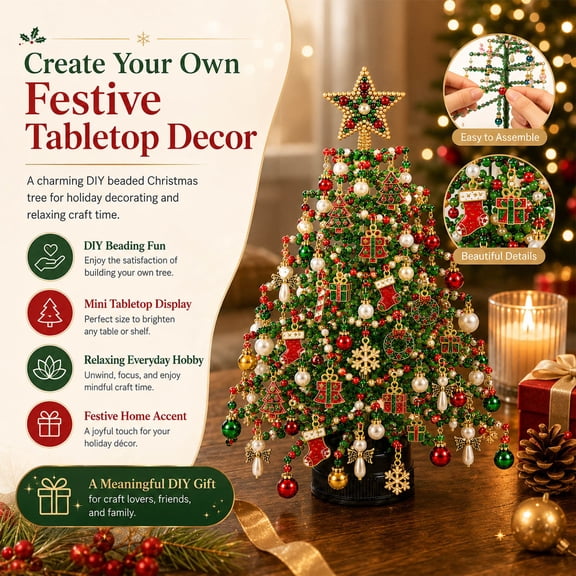 DIY Beaded Christmas Tree Kit with Lights, Crystal Bead Craft for Aldult, Handmade Beaded Christmas Tree, Crystal Bead Holiday Craft Set for Tabletop Christmas Decoration and Gift Making