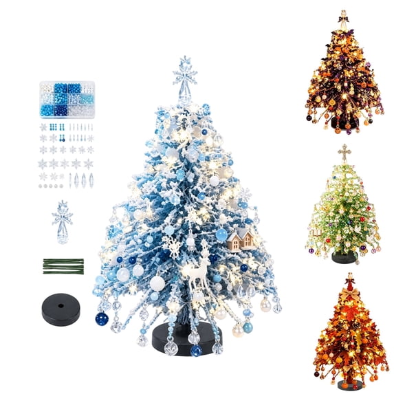 DIY Beaded Christmas Tree Kit with Lights Handmade Mini Desk Xmas Bead Art Create Your Own Sparkling Holiday Decoration 3D Crystal Bead Christmas Tree Making Kit(Blue)