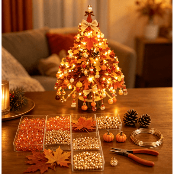 DIY Beaded Christmas Tree Kit, Make Your Own Sparkling Warm Light Tabletop Decoration, Handmade Holiday Beading Craft Set for Indoor Home Display & Creative Gift (Autumn)