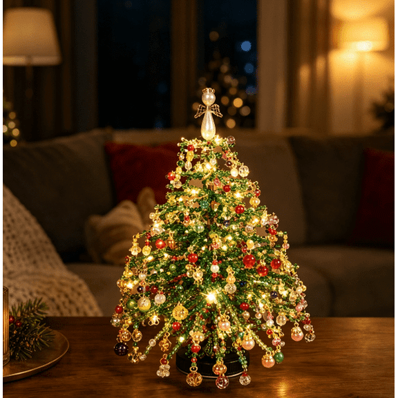 DIY Beaded Christmas Tree Kit, Make Your Own Sparkling Warm Light Tabletop Decoration, Handmade Holiday Beading Craft Set for Indoor Home Display & Creative Gift (Christmas)