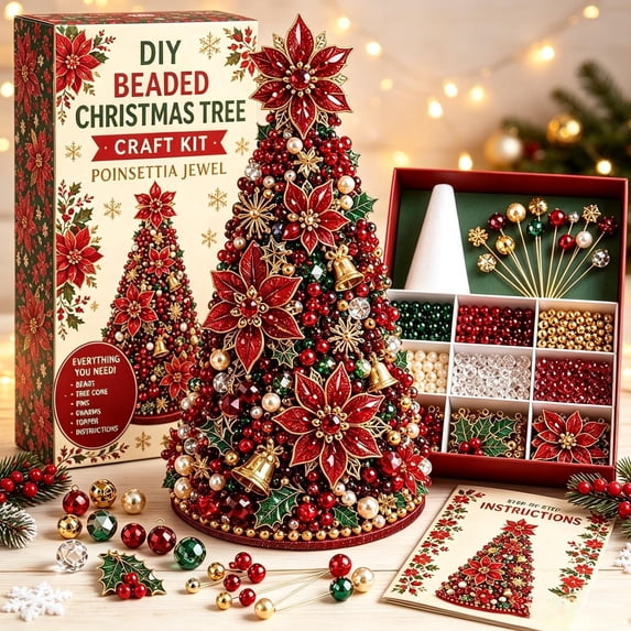 DIY Beaded Christmas Tree Kit, Poinsettia Jewel Set with Beads and Pins, Handmade Holiday Decor for Adults and Crafters