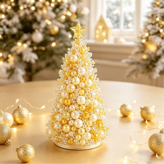 DIY Beaded Christmas Tree Kit, Sparkling Holiday Craft Set with Pearls, Crystals & Beads, Handmade Christmas Decoration for Adults, Yellow