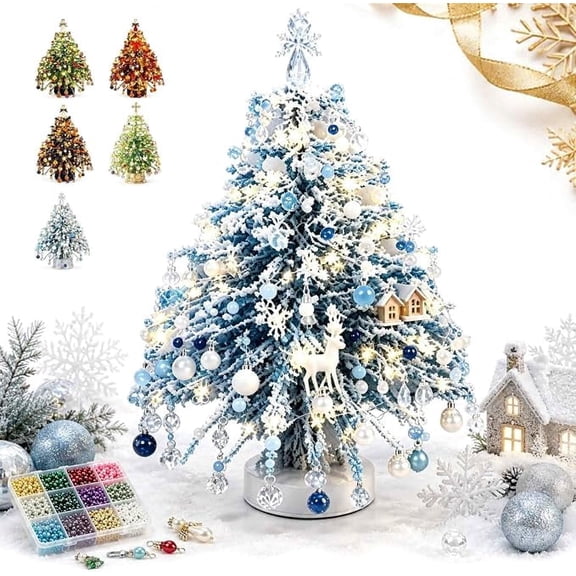DIY Beaded Christmas Tree Kit, Sparkling Lighted Tabletop Holiday Ornament Craft Set, Creative Handmade Gift for Family Friends
