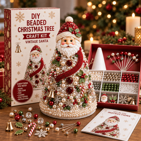 DIY Beaded Christmas Tree Kit Vintage Santa Design with Beads Tree Base ...