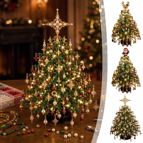 DIY Beaded Christmas Tree Kit with Warm LED Lights, 7.87in Mini Tabletop Xmas Decor, 3 Interchangeable Toppers, Handmade Craft Set for Holiday Gift‑giving