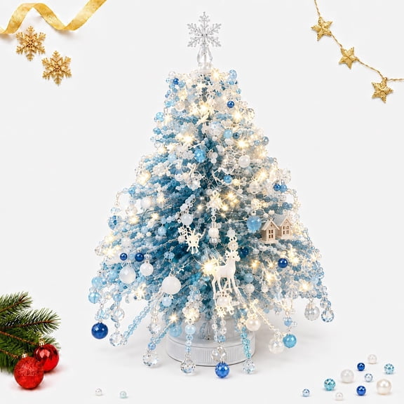 DIY Beaded Christmas Tree Kit Winter - 9.8in Mini Crystal-Style Tabletop Tree with Light String, Blue White Beads, Snowflake Topper & Deer Charms for Holiday Home Decor