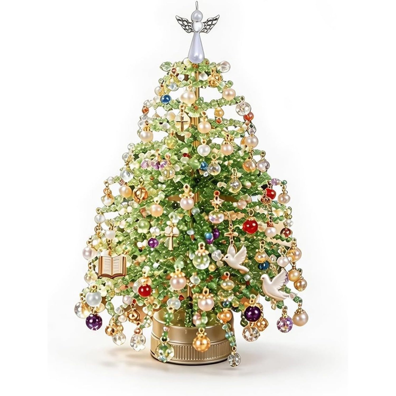 DIY Beaded Christmas Tree Kit with LED Light, Handmade Tabletop Holiday Craft for Adults, 4.4 x 4.3 x 4.5 in Desktop Decoration