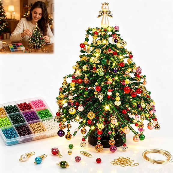 DIY Beaded Christmas Tree Kit with Lights,Bead Craft Kit with Lights, Angel Topper,Ornament Charms and Base for Tabletop Christmas Decor
