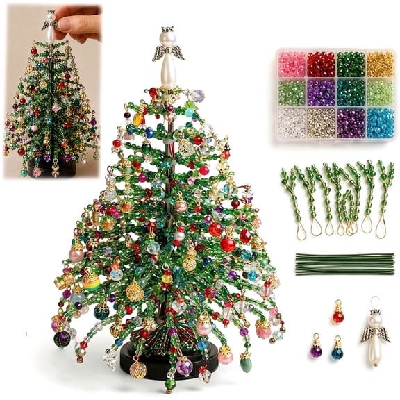 DIY Beaded Christmas Tree Kit with Lights, Festive Tabletop Craft for Adults, Angel Topper & Ornament Charms Set A