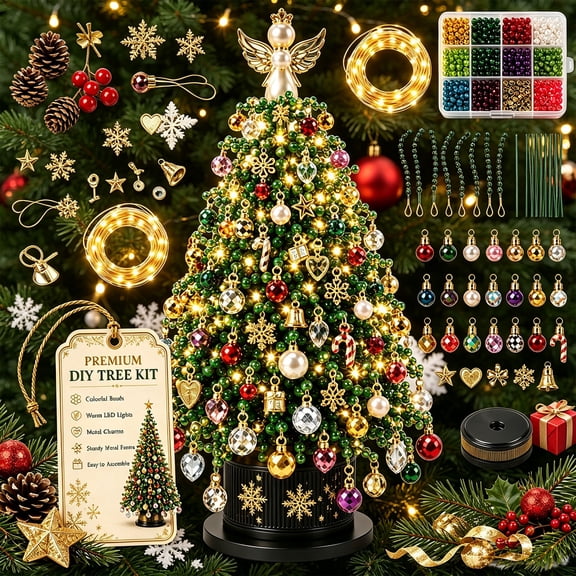 DIY Beaded Christmas Tree Kit with Lights, Twinkle Kit, 3D Crystal Bead Craft Set, Metal Frame & Angel Topper(Christmas Tree-A)