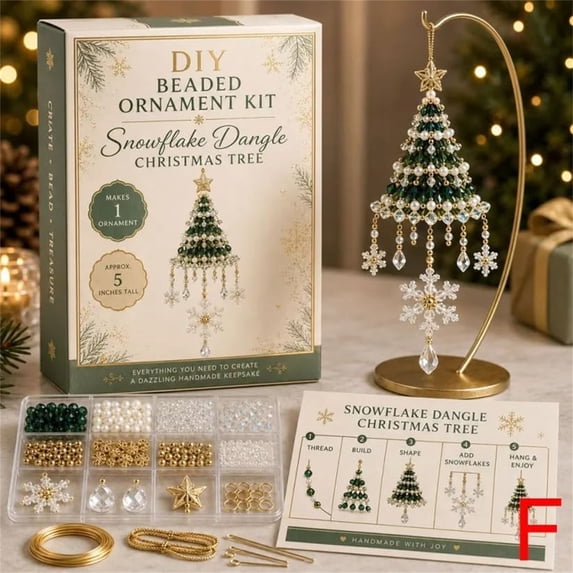 DIY Beaded Christmas Tree Ornament Kit, Snowflake Dangle Christmas Tree, Green White Gold with Snowflake Charms, Single Kit