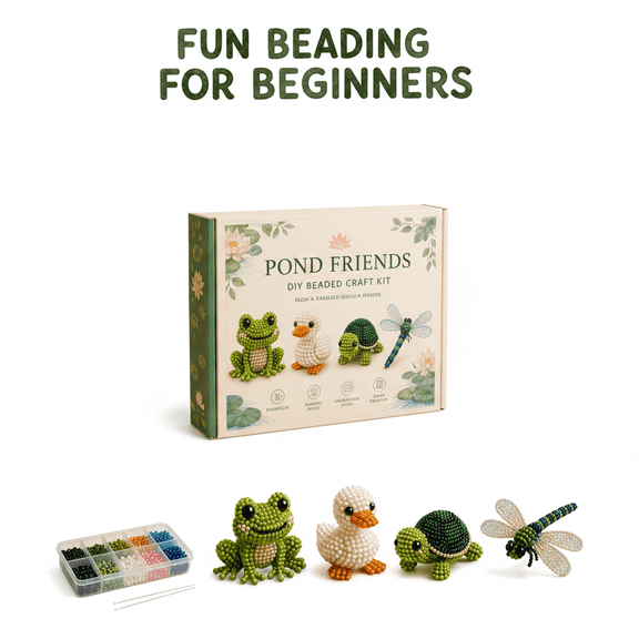 DIY Beaded Craft Kit 4-Piece Set Pond Friends Frog Duck Turtle and Dragonfly Theme Small 3D Animal Beading Art Projects for Hand-Eye Coordination and Creative Hobbies