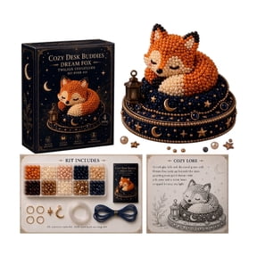 DIY Beaded Fox Craft Kit with Starry Night Base, Cozy Desk Buddies 3D Pearl Figure Building Set, Creative Handmade Art Collection