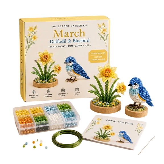 DIY Beaded Garden Kit Birth Month Flower Bird Set, Complete Craft Kit With Beads Wire Base Guide, Handmade Home Decor Display, For Adults Craft Hobby Birthday Gift Home Decoration