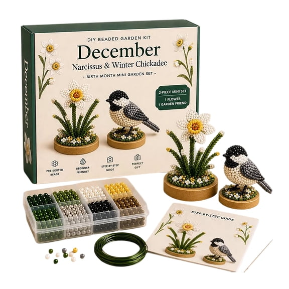 DIY Beaded Garden Kit Birth Month Flower Bird Set, Complete Craft Kit With Beads Wire Base Guide, Handmade Home Decor Display, For Adults Craft Hobby Birthday Gift Home Decoration