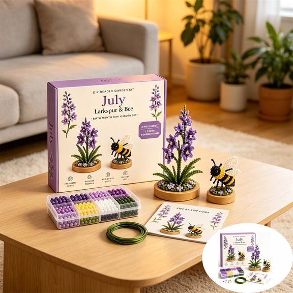 DIY Beaded Garden Kit July Larkspur Birth Month Flower Set 2 Piece Friendly Beading With Sorted Beads Step By Step Guide Handmade Craft Gift