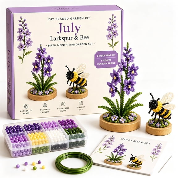 DIY Beaded Garden Kit - July Larkspur Birth Month Flower Set 2-Piece Friendly Beading with -Sorted Beads Step-by-Step Guide