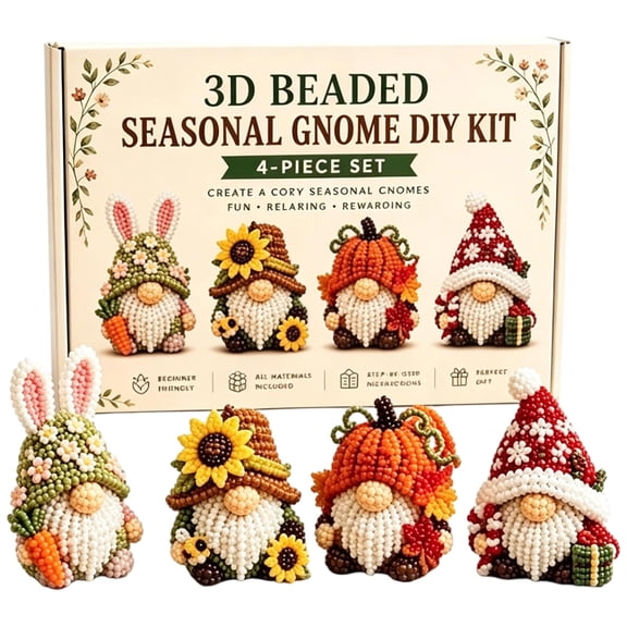 DIY Beaded Gnome Kit, 4 Seasonal Designs - Spring, Summer, Fall & Winter, Complete Craft Supplies Included, Relaxing Hobby for All Skill Levels (C)