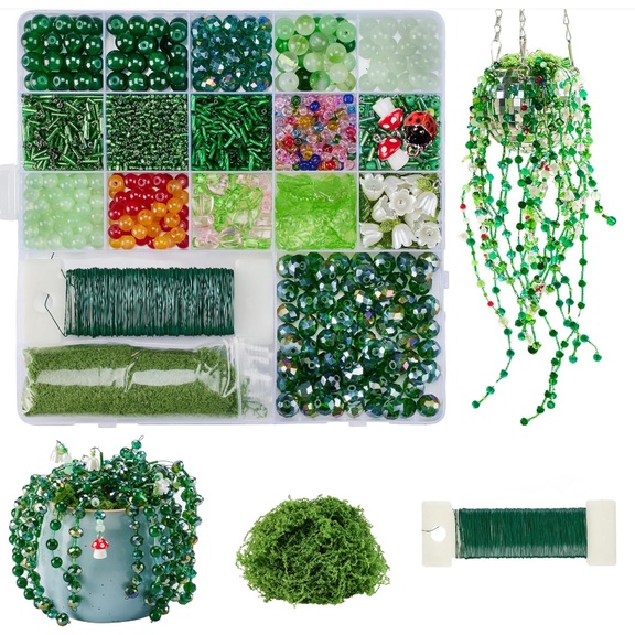 DIY Beaded Greenery Craft Kit, Hanging Plant Bead Making Set, Complete Bead Supplies with Moss & Wire, Home Decor DIY Kit for Wall Hanging Plant Art Projects (1Pc