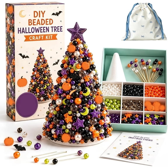 DIY Beaded Halloween Tree Craft Kit, 3D Beaded Halloween Decor Craft Kit, Spooky Crystal Pearl Bead Tree, Tabletop Mantel Centerpiece, Style C, 1 Set,F