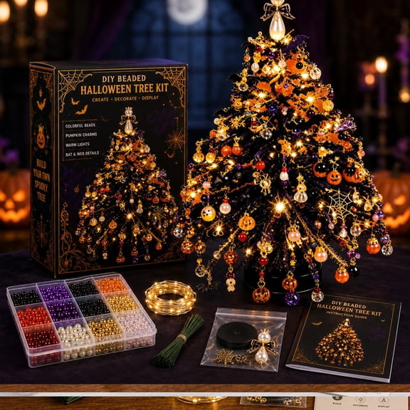 DIY Beaded Halloween Tree Kit for Adults, 3D Crystal Bead Holiday Craft Set with Colorful Beads, Ornament Charms, Metal Frame and Angel Topper, Handmade Tabletop Halloween Tree Decor Gift